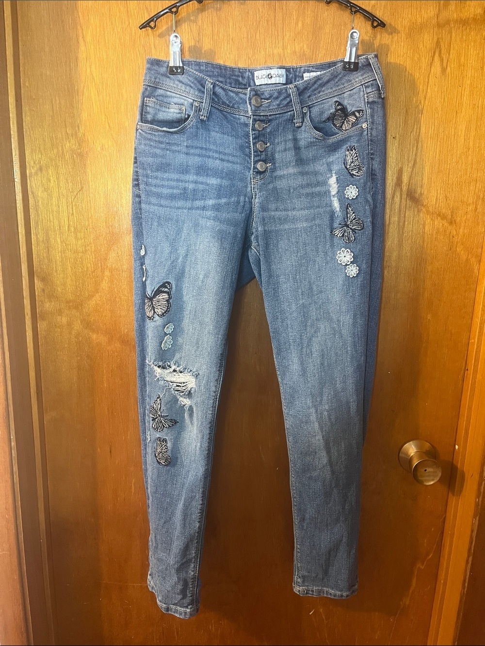 Girls' Black Daisy Blue Butterfly Embroidered Button-Fly Jeans